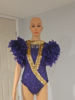 Vintage Purple Sequin Showgirl/ Dancer Bodysuit Gold Trim and Feathered Sleeves